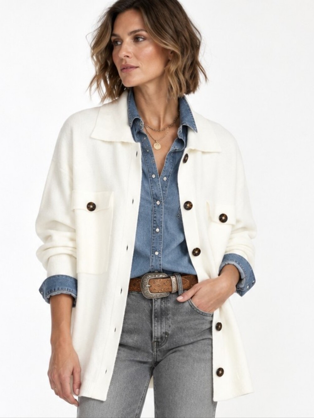 Esqualo Jacket White Knit Long  Shacket
